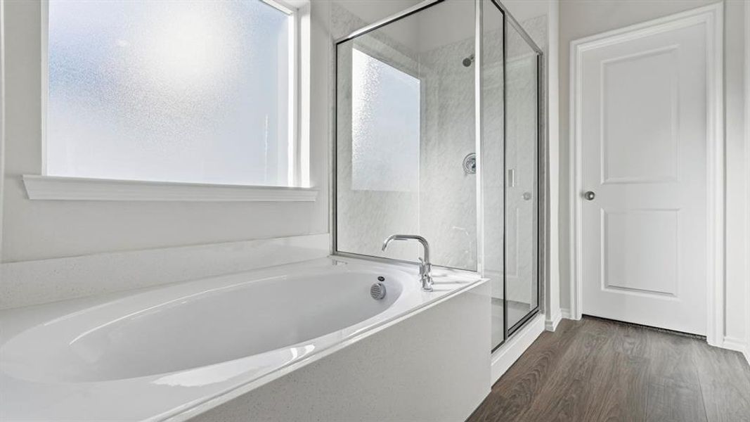 Bathroom with a garden tub, a shower stall, and dark wood finished floors