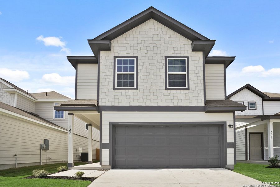 Front exterior of a new home in Melissa Ranch, San Antonio, TX, highlighting curb appeal (Image 18).