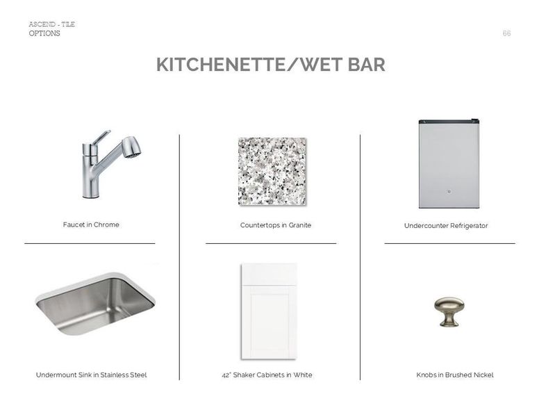 Farmhouse Look Palette 4: Extra Suite Kitchenette Selection Sheet (*Artist rendering used for illustration purposes only.)