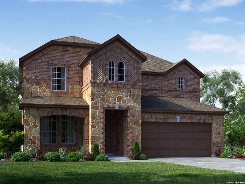Front exterior of a new home in Carmel Ranch, Schertz, TX, highlighting curb appeal (Image 1). Front exterior of a new home in Carmel Ranch, Schertz, TX, highlighting curb appeal (Image 1).