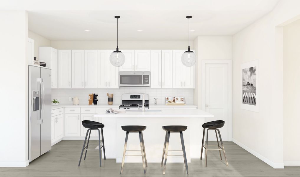 Kitchen with quartz island and countertops