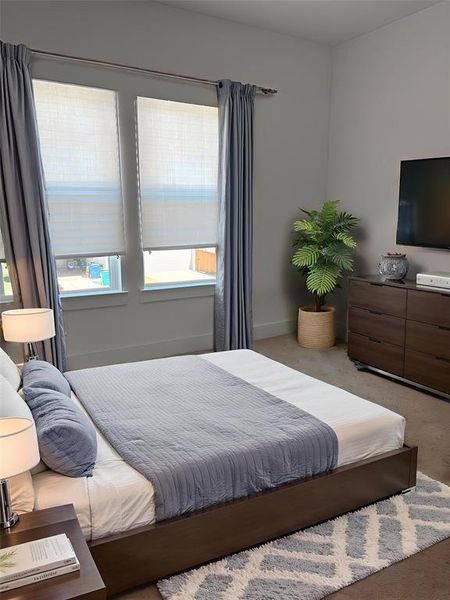 Carpeted bedroom featuring multiple windows