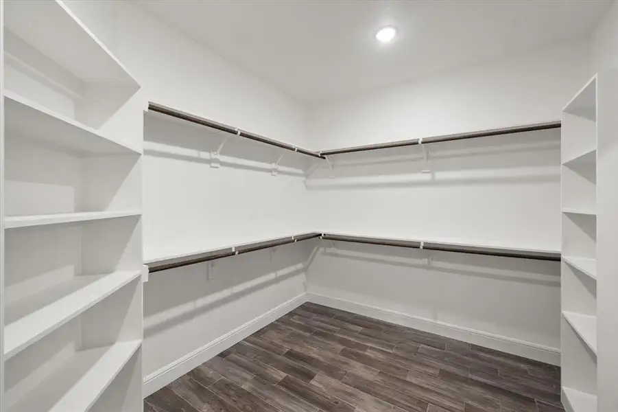 Spacious walk-in closet featuring wood-finish tile flooring, white walls, built-in shelving, and multiple clothing rods