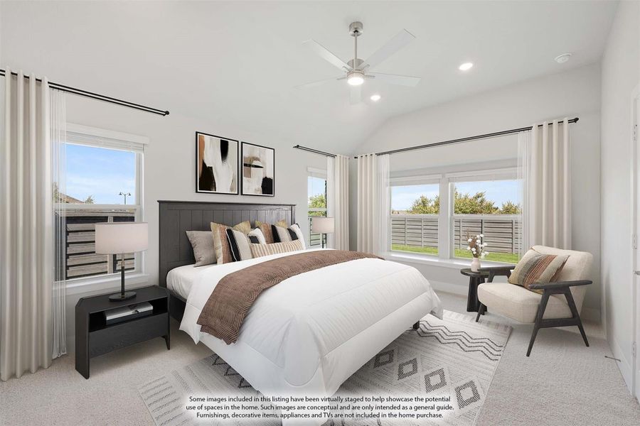 Bedroom with vaulted ceiling, ceiling fan, carpet flooring, and multiple windows with natural light Bedroom with vaulted ceiling, ceiling fan, carpet flooring, and multiple windows with natural light