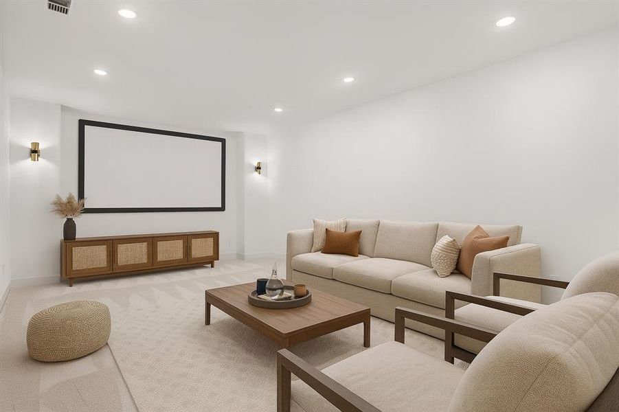 Home theater with recessed lighting and light colored carpet. virtually staged