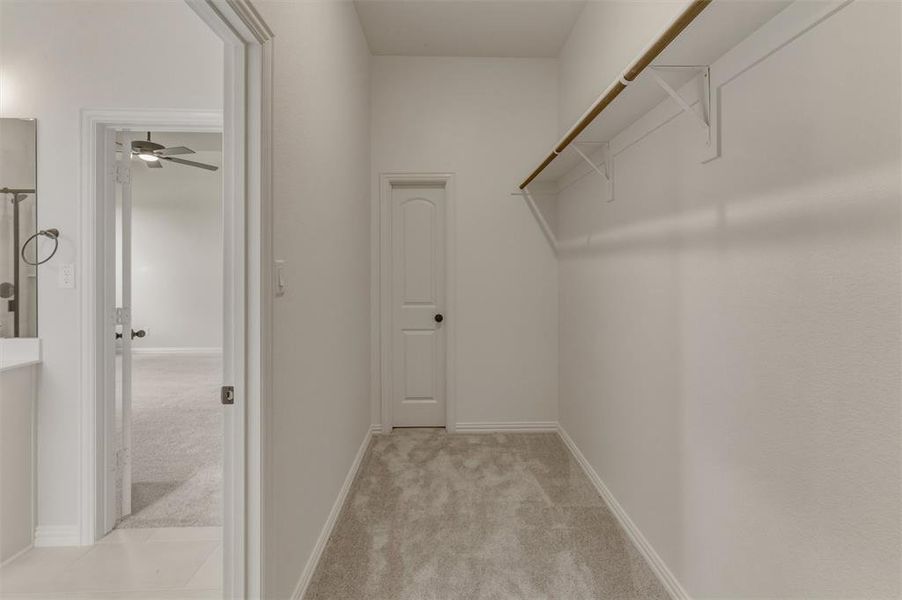 Carpeted hallway closet featuring a single hanging rod and shelf Carpeted hallway closet featuring a single hanging rod and shelf