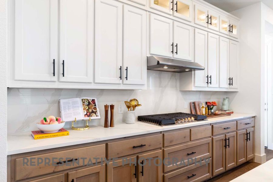 Kitchen with white cabinetry, under cabinet range hood, glass insert cabinets, and decorative backsplash Kitchen with white cabinetry, under cabinet range hood, glass insert cabinets, and decorative backsplash