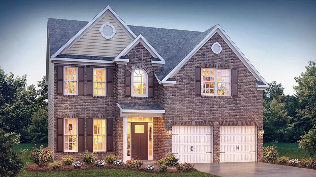 Front exterior of a new home in Water Oak Estates, Lawrenceville, GA, highlighting curb appeal (Image 1). Front exterior of a new home in Water Oak Estates, Lawrenceville, GA, highlighting curb appeal (Image 1).