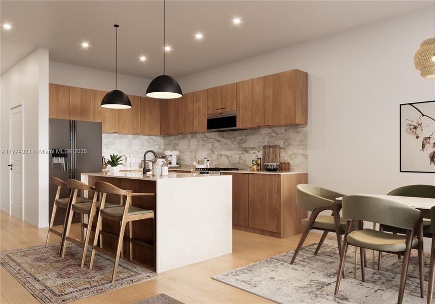 Rendering of kitchen and dining
