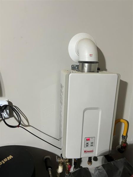 A Rinnai tankless water heater is installed in the home.  Ideal for energy-efficient, on-demand hot water.