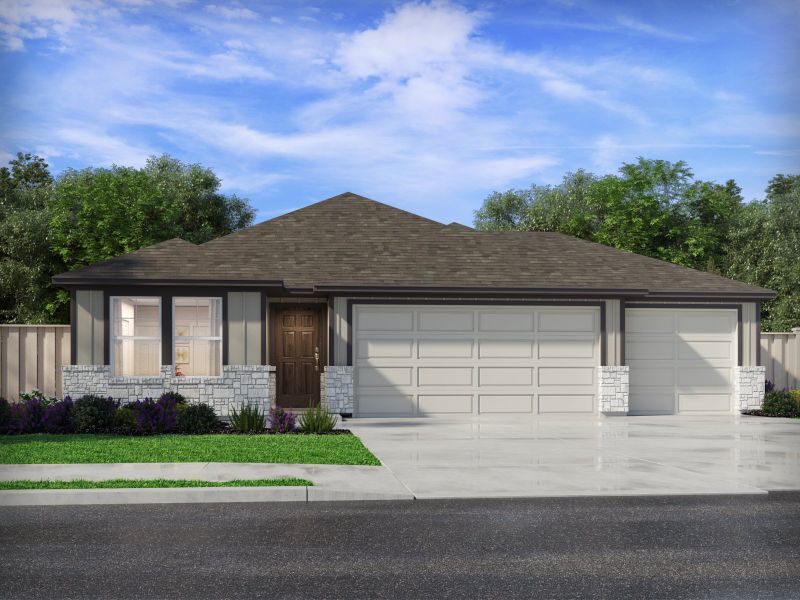 Front exterior of a new home in Creekfall, Burnet, TX, highlighting curb appeal (Image 1). Front exterior of a new home in Creekfall, Burnet, TX, highlighting curb appeal (Image 1).