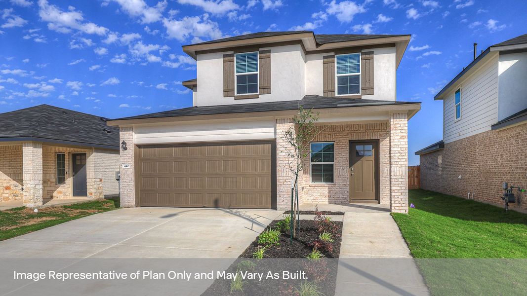 Front exterior of a new home in Whisper South, San Marcos, TX, highlighting curb appeal (Image 2).