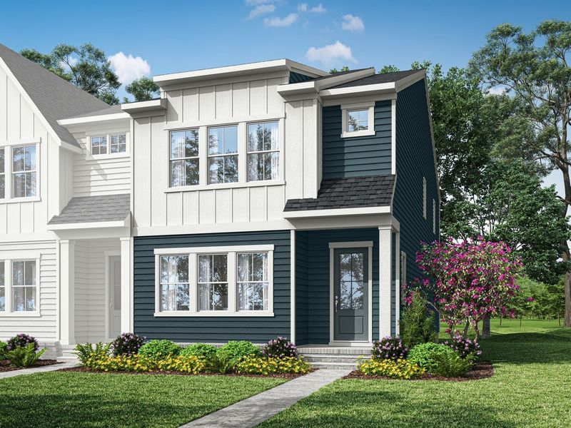 Front exterior of a new home in Mews at Holding Village, Wake Forest, NC, highlighting curb appeal (Image 1). Front exterior of a new home in Mews at Holding Village, Wake Forest, NC, highlighting curb appeal (Image 1).