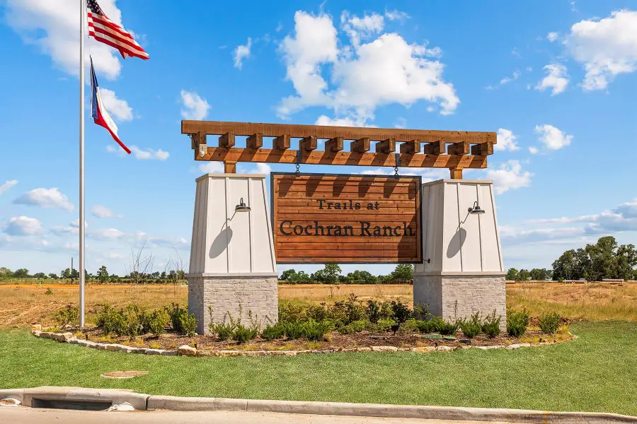 Front exterior of a new home in Trails at Cochran Ranch, Waller, TX, highlighting curb appeal (Image 1).