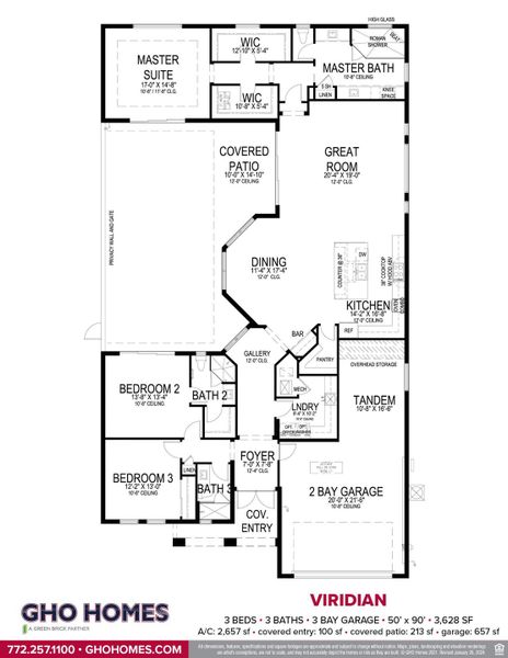 2D floor plan layout for the Viridian by GHO Homes in Seaglass, Vero Beach, FL (Image 7).