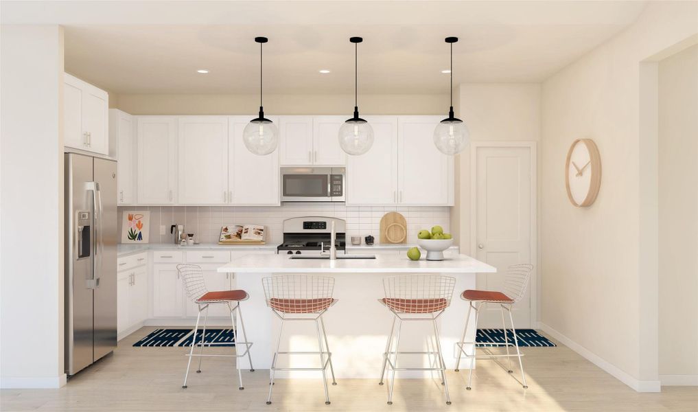 Lovely island kitchen with white cabinets and quartz counters (*Artist rendering used for illustration purposes only.) Lovely island kitchen with white cabinets and quartz counters (*Artist rendering used for illustration purposes only.)