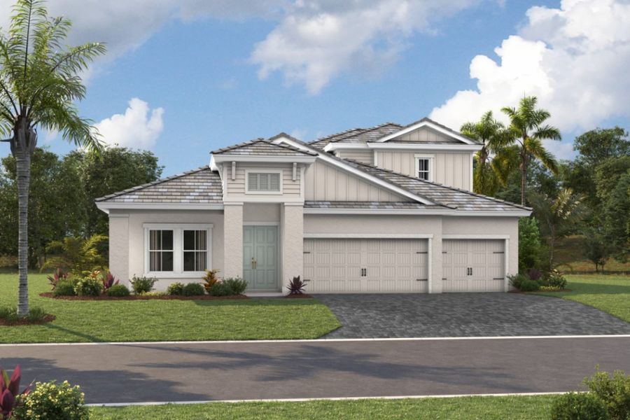 Representative exterior photo of a completed home built from the Bayport II by Homes by WestBay in Longleaf at Grand Park, Sarasota, FL (Image 2).