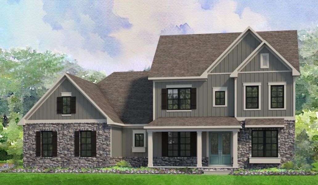 Exterior rendering of this home design in Saddlehorn, Troutman, NC (Image 2). Exterior rendering of this home design in Saddlehorn, Troutman, NC (Image 2).