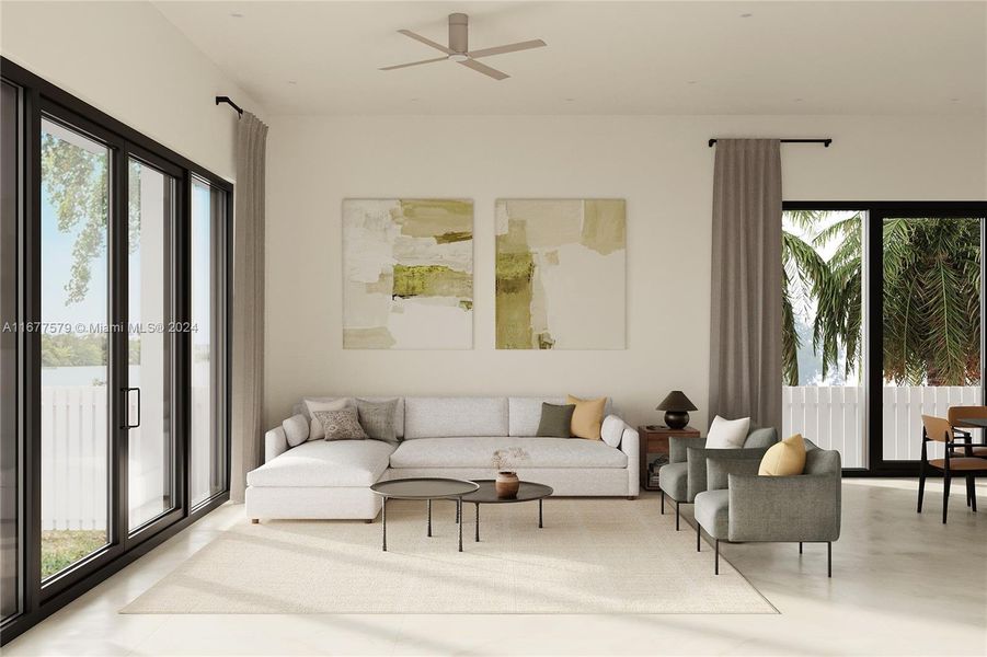 This inviting family room spans 16'0" x 21'7" and is a beautifully rendered space perfect for both relaxation and entertaining. The soft cream tones create a warm and welcoming atmosphere, enhanced by sleek furniture and tasteful decor. All renderings are skillfully designed by Tetiana Denysenko, showcasing her talent for creating stylish interiors.