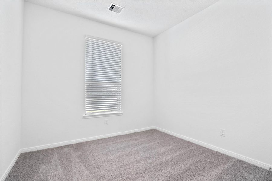 This secondary bedroom combines comfort and style, featuring plush carpeting, neutral paint, a large window with blinds, and a spacious closet.