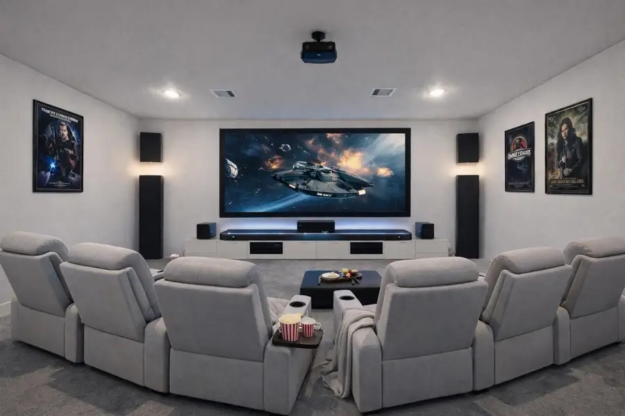 This virtually staged media room is perfect for cozy movie nights or fun game nights This virtually staged media room is perfect for cozy movie nights or fun game nights