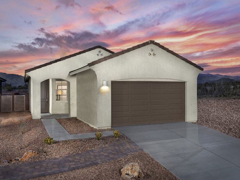 Front exterior of a new home in Hanson Ridge, Vail, AZ, highlighting curb appeal (Image 1). Front exterior of a new home in Hanson Ridge, Vail, AZ, highlighting curb appeal (Image 1).
