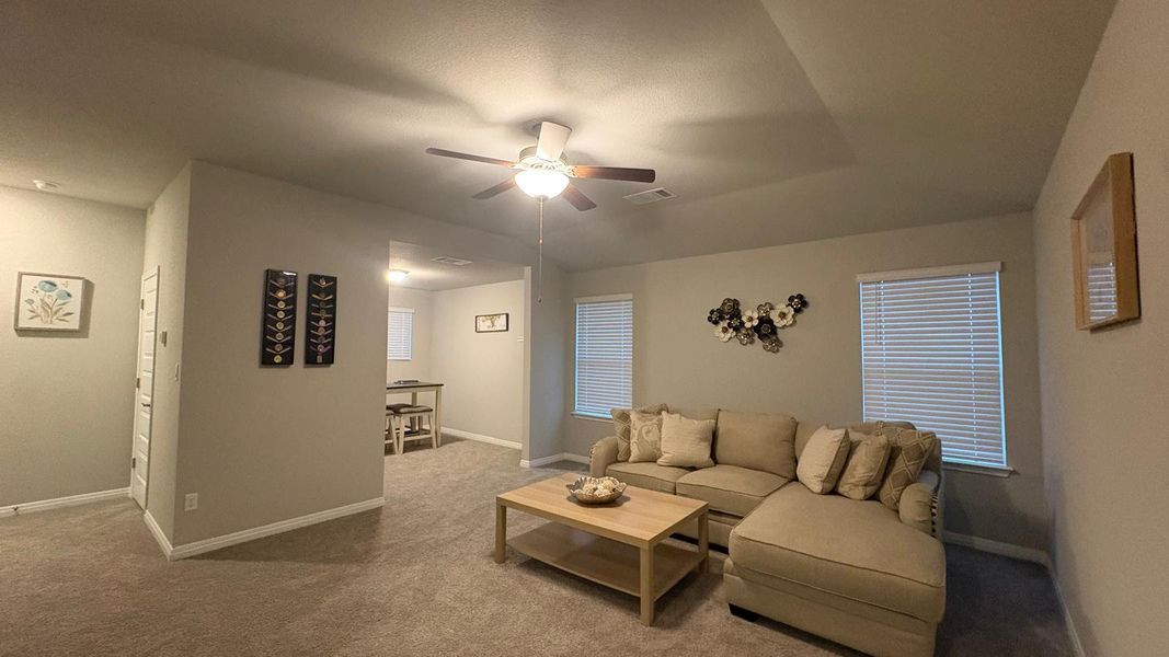 A comfortable sectional anchors this naturally illuminated living space with a distinct tray ceiling.