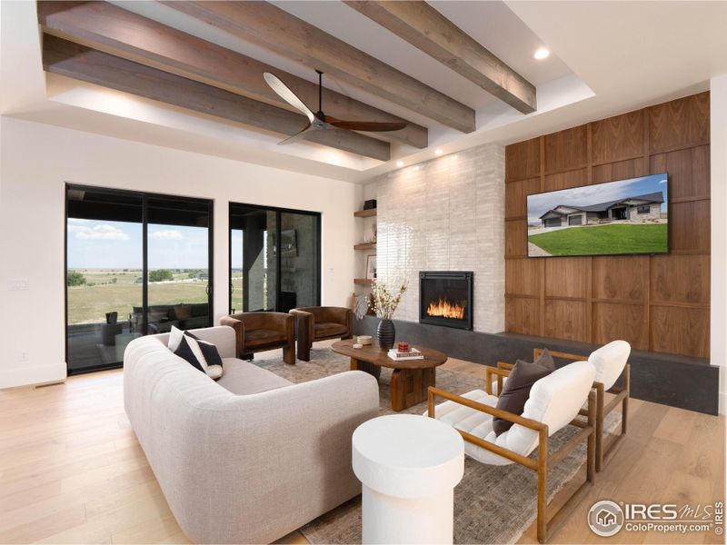 Beautiful real wood beams, feature wall and a Porcelain waterfall hearth