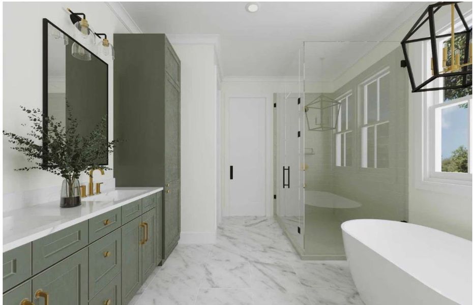 Marble flooring and a free-standing tub define this well-appointed primary bathroom.