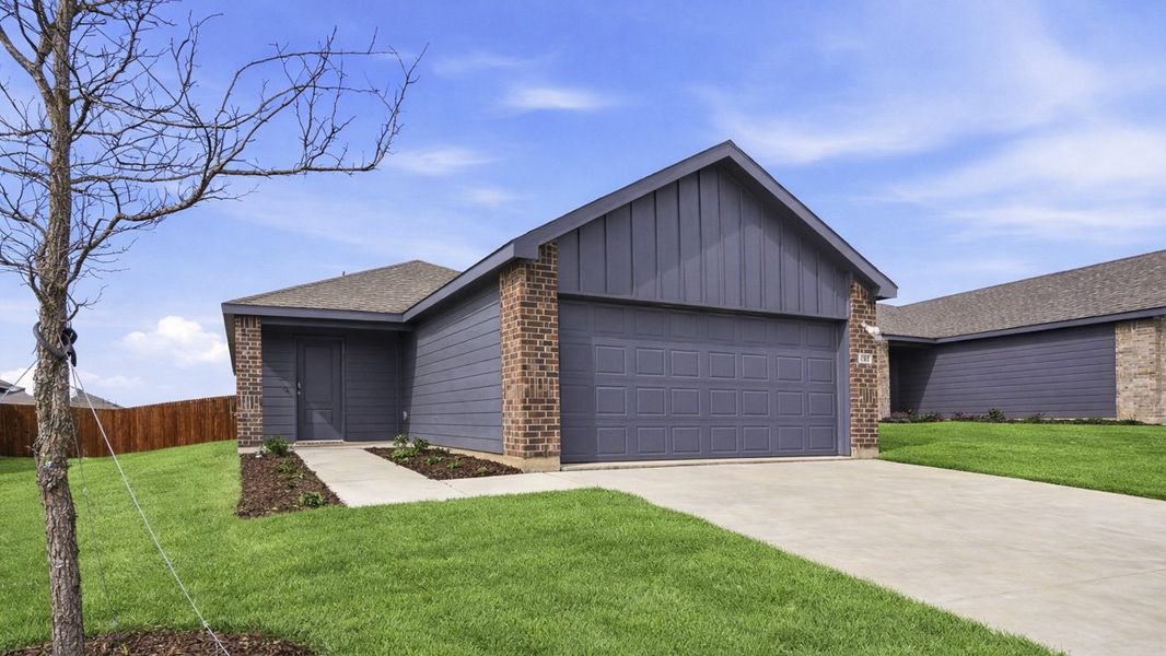 Front exterior of a new home in Leonard Crossing, Leonard, TX, highlighting curb appeal (Image 1). Front exterior of a new home in Leonard Crossing, Leonard, TX, highlighting curb appeal (Image 1).
