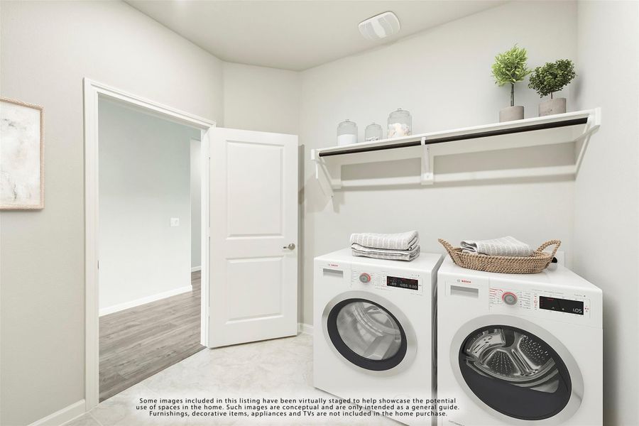 Laundry room with side-by-side washer and dryer, wall shelf, and hanging rod