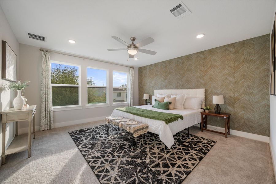 The primary ensuite is tucked away from the other bedrooms on one side.