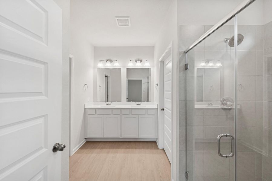 The Cardinal II- Primary Bathroom with Walk-In Shower. Photos of home shown are for illustration only; actual features, colors, and upgrades may vary. The Cardinal II- Primary Bathroom with Walk-In Shower. Photos of home shown are for illustration only; actual features, colors, and upgrades may vary.