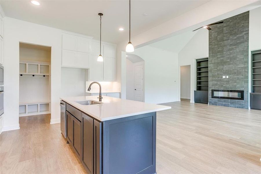 Kitchen with a multi sided fireplace, light hardwood / wood-style flooring, sink, pendant lighting, and built in shelves