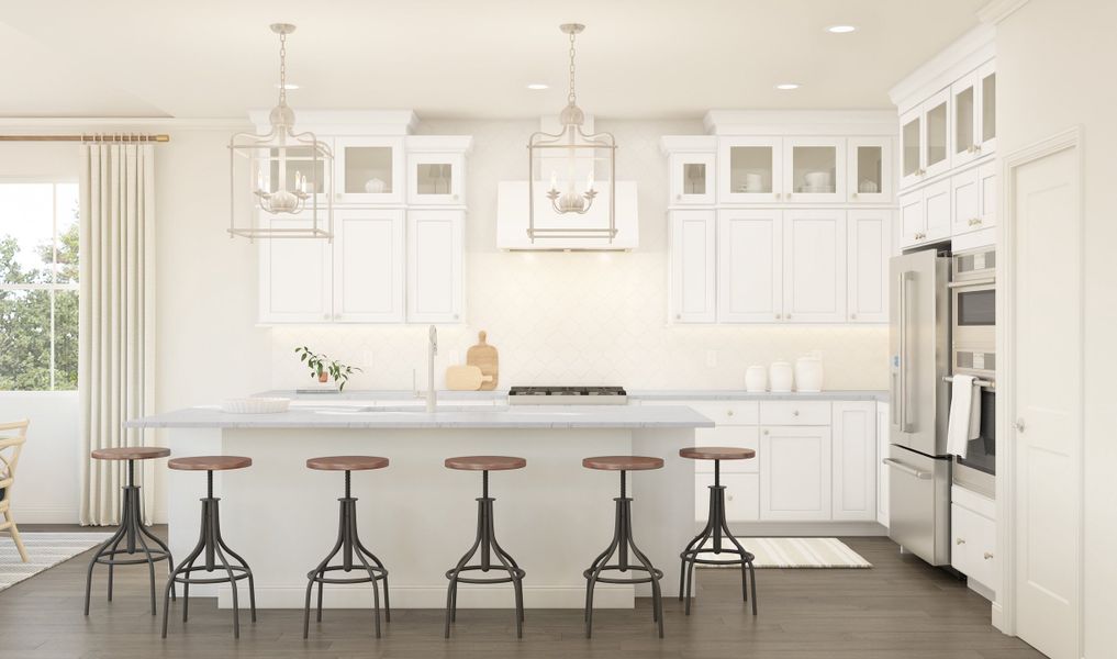 Kitchen with stacked glass-front upper cabinets