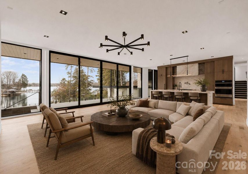 Open-concept main living area including the living room and kicthen. Disclosure: This image has been digitally enhanced with AI-generated virtual staging and does not reflect the property's actual condition. Open-concept main living area including the living room and kicthen. Disclosure: This image has been digitally enhanced with AI-generated virtual staging and does not reflect the property's actual condition.