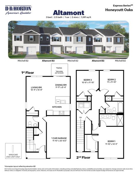 2D floor plan layout for the Altamont by D.R. Horton in The Townes at Honeycutt Oaks, Angier, NC (Image 5).