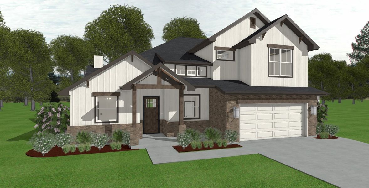 Front exterior of a new home in Greens Prairie Reserve, College Station, TX, highlighting curb appeal (Image 1). Front exterior of a new home in Greens Prairie Reserve, College Station, TX, highlighting curb appeal (Image 1).