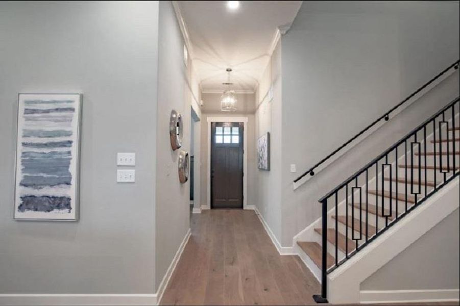 Entryway featuring wood-finish flooring, a contemporary dark wood entry door with divided lites, and a staircase with an iron baluster railing