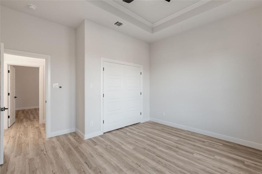 Front of the house first bedroom with light wood finished floors, a raised ceiling, a closet, ceiling fan, and ornamental molding