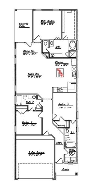 2D floor plan layout for the Floor Plan 1784 by Colina Homes in River Ranch, Dayton, TX (Image 5).