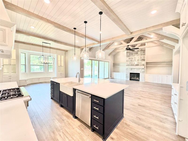Kitchen with dark cabinetry, stainless steel dishwasher, a sink, a ceiling fan, and light wood-style floors