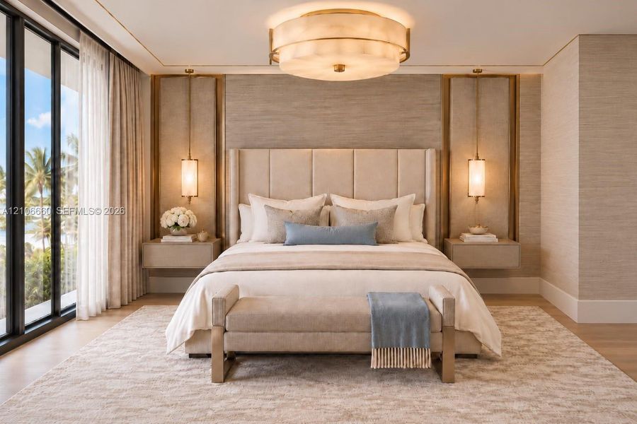 Room featuring floor-to-ceiling windows, dual built-in floating bedside consoles, custom gold-accented wall paneling, pendant lighting, and a tiered circular ceiling fixture
