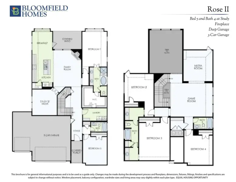 Bloomfield Homes Rose II floor plan showing two-story layout with 5 bedrooms, 4 bathrooms, game room, and 3-car garage.