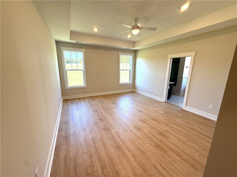 This spacious room features elegant tray ceilings,