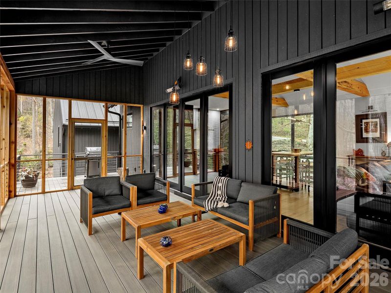 Walk out of the screened in deck to the grill with a propane line in place. Walk out of the screened in deck to the grill with a propane line in place.