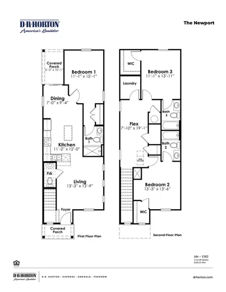 2D floor plan layout for the Newport by D.R. Horton in Fox Run, Supply, NC (Image 3).