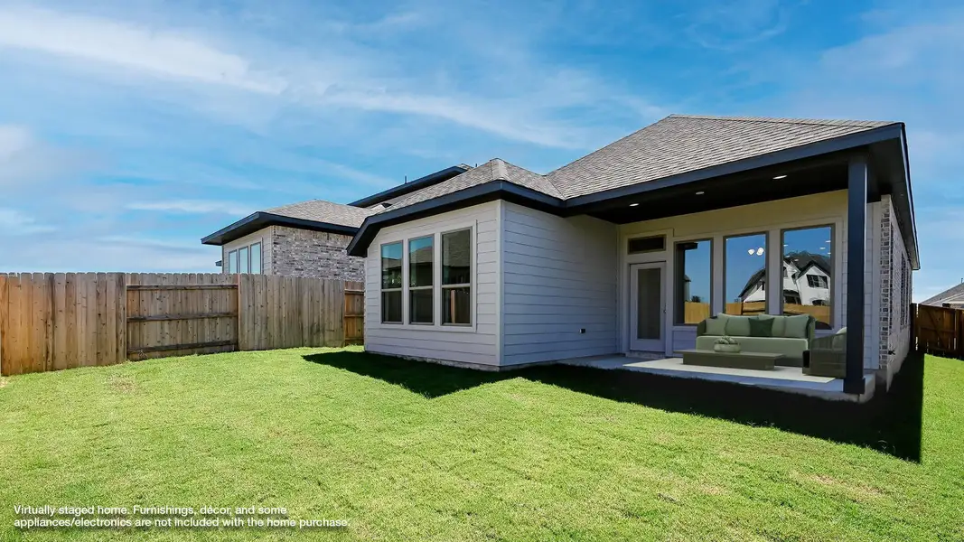 Rear view of property with a fenced backyard, a patio area, roof with shingles, and an outdoor living space Rear view of property with a fenced backyard, a patio area, roof with shingles, and an outdoor living space