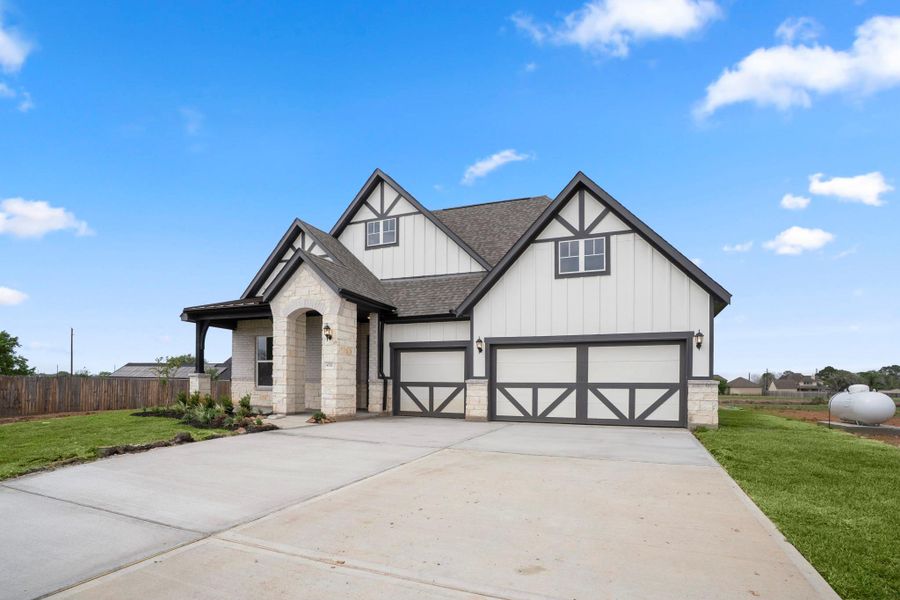 Front exterior of a new home in Magnolia Bend, Rosharon, TX, highlighting curb appeal (Image 31).