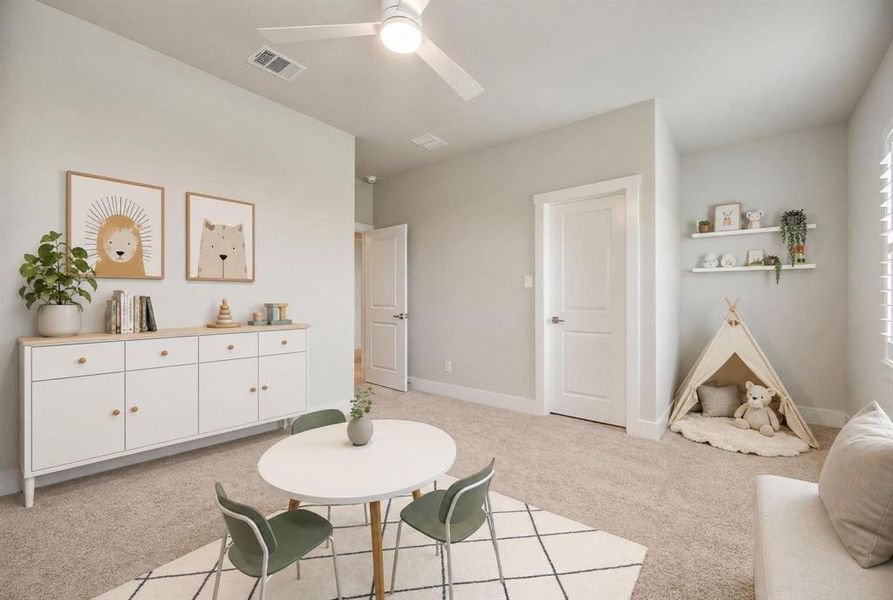 Carpeted room featuring a ceiling fan with integrated lighting, white baseboards, and interior doors